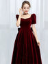Wine Red Velvet Short Sleeves Beaded Party Dress, Wine Red Velvet Wedding Party Dress
